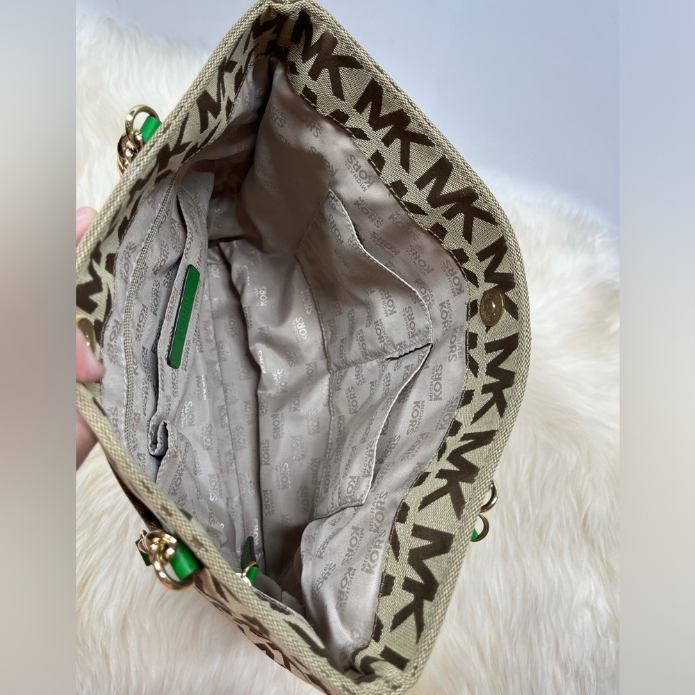 Michael Michael Kors Monogram Canvas Tote Emerald Green Chain and Leather Straps - Picture 10 of 13
